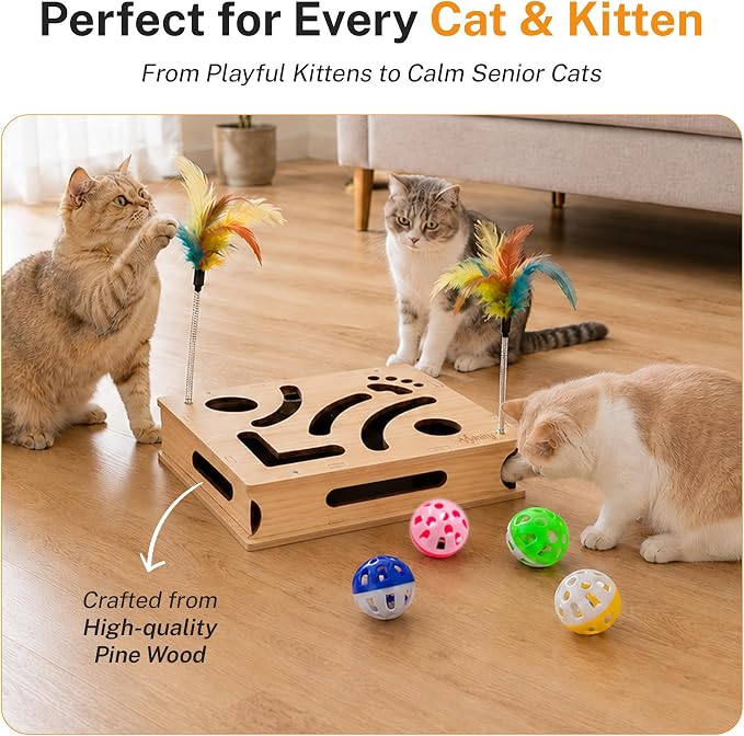 Cat Nail File Box – XL Wooden Cat Scratch Box with Built-in Nail Filing Pad, Interactive Puzzle Toy with 4 Bell Balls & 2 Feather Teasers, Claw Saver Box for Indoor Cats & Kittens