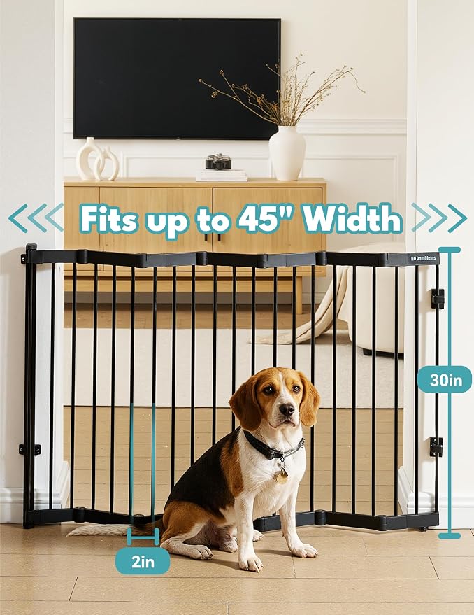 No Pawblems Retractable Safety Gate, 45" Wide Metal Adjustable Dog Gate for Doorways, Stairs & Hallways, 30" Tall, Auto Retract Design, No Bottom Bar, Black