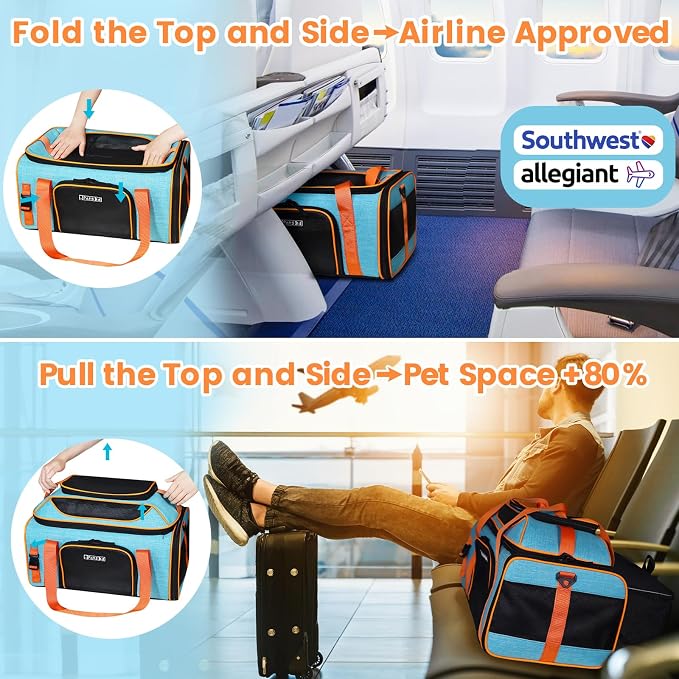 Petskd Top-Expandable Pet Carrier 19"x13"x9" Airline Approved, Blue | for Southwest Allegiant Airlines, Lockable Safety Zippers and Anti-Scratch Mesh, Pets Under 12 Lbs