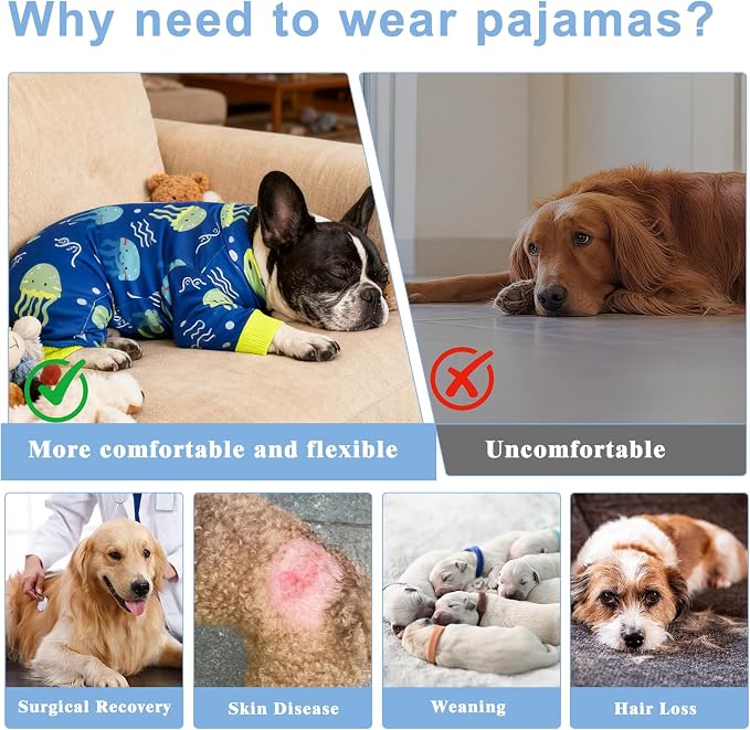 Large Dog Pajamas, Lightweight Stretchy Knit Dog Onesie for Large Breeds, Soft Pet Recovery Shirt, Blue Jellyfish, XXX-Large (55–75 lb)