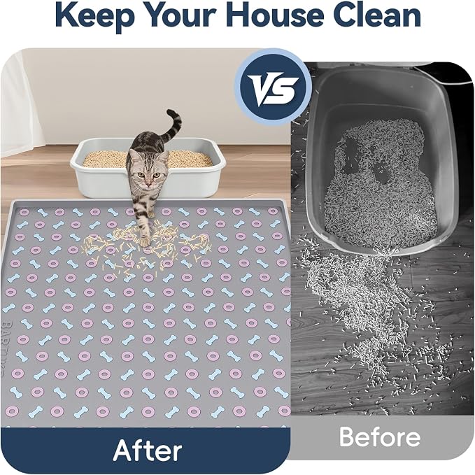 Silicone Cat Litter Mat 40" x 28" Cat Mat for Litter Box, Light Grey | Extra Large Litter Box Mat, Waterproof Cat Litter Trapping Mat, Non-slip, Leakproof Kitty Litter Mat with Bone Pattern