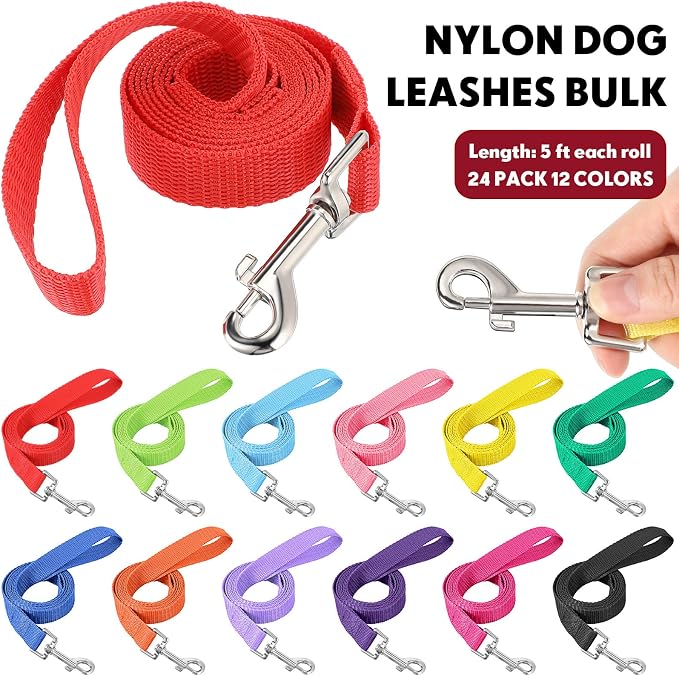 24 Pack Nylon Dog Training Leash Bulk 5 ft Dog Leash for Small and Medium Puppy Traction Rope for Training, Play, Camping, or Backyard, 12 Assorted Colors(Vibrant Colors)