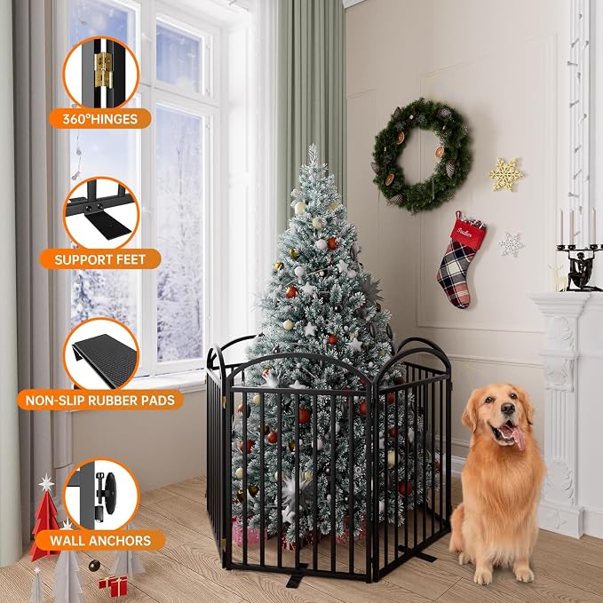 SNUOWU 6 Panels Full Matel Freestanding Dog Gates with Door, 144"Extra Wide 32"Tall Free Standing Dog Pet Gate for Indoor & Outdoor. Foldable Pet Fences for Doorways, House, Stairs, Porch, Deck, Yard