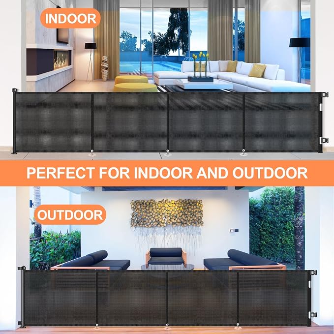 EZIGO 180 Inch Retractable Baby Gates, 41 Inch Extra Tall Retractable Gate | Reinforced Retractable Dog Gate with Rods, 15 FT Extra Long Mesh Pet Gate for Stairs Hallways Doorway Indoor Outdoor, Black