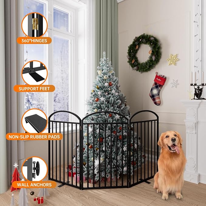 SNUOWU 3 Panels Full Matel Freestanding Dog Gates, 72" Extra Wide 36" Tall Free Standing Dog Pet Gate for Indoor & Outdoor. Foldable Pet Fences for Doorways, House, Stairs, Porch, Deck, Yard