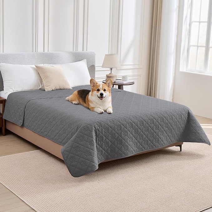 PAWFINITY Waterproof Bed Cover for Dogs, Pet Blanket for Mattress Washable | Paw Print Quilted, Hair Resistant, Anti Cat Scratch, Pee Proof Furniture Protector for King Size Bed, 82x82 Inch, Grey