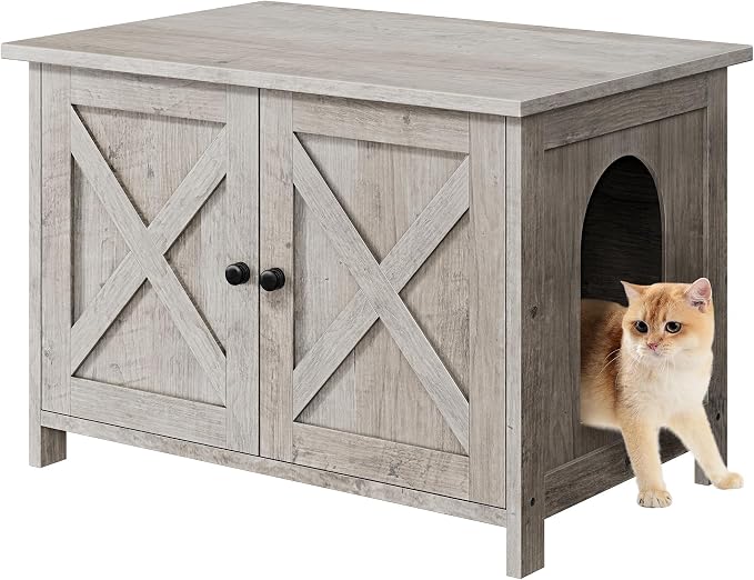 Shintenchi Cat Litter Box Enclosure, Litter Box Furniture Cabinet Hidden with Removable Divider, Wooden Cat House with End Table, Ash Oak Grey, 30.5 inch