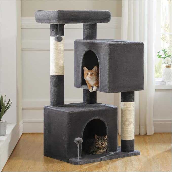 XL Cat Tree 44" Cat Tower for Large Cats 20 lbs, 2 Spacious Caves | Multi-Level Cat Tree with Scratching Posts, Soft Padded Perch, 2 Dangling Toys