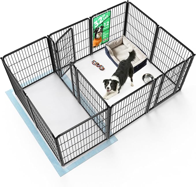 FXW Homeplus Indoor Dog Playpen with Divider Connectors, 32" H, 12 Panels | Calm Indoor Play Area, Two-Zone Layout, For Small & Medium Dogs, Patented