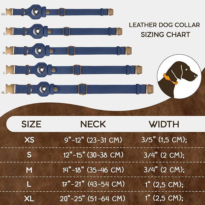 AirTag Dog Collar - Genuine Leather Dog Collar with Apple AirTag Holder and Metal Buckle - Smart GPS Tracking Pet Collars (Smoky Blue, L, 17"-21" Neck Fit)