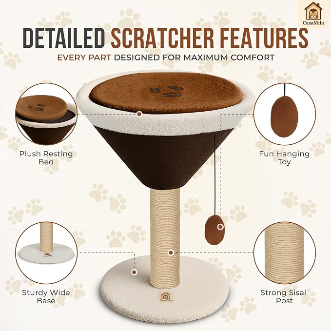 CasaMila Espresso Martini Cat Scratcher 20", Cat Scratching Post, Cat Scratching Tree, Cat Post, Scratching Post for Indoor Cats, Modern Cat Tree with Bed, Martini Cat Tree, Cute Novelty Cat Post