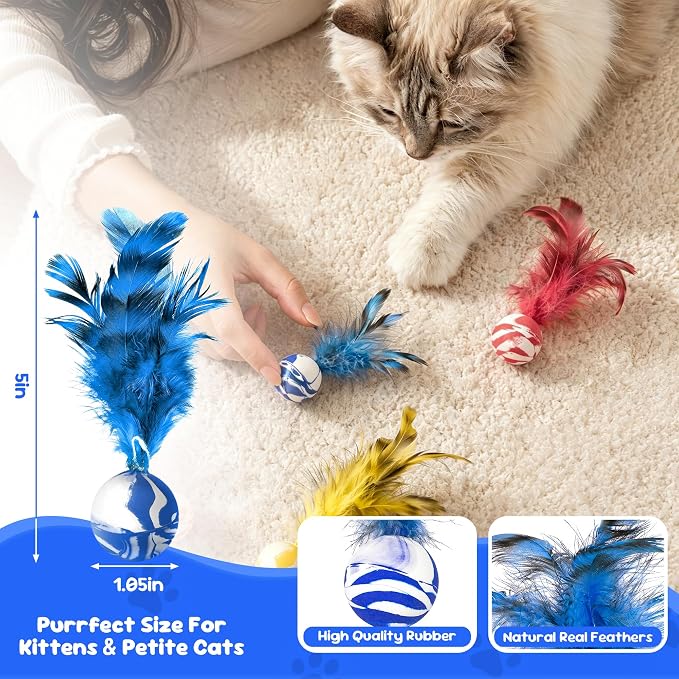 Cat Feather Toys 20 Pack, Cats Bouncy Balls for Indoor Cats | Feather Chase & Fetch Balls, Bouncy Tails Cat Toys with Durable Rubber, Interactive Home Chase Exercise Hunting Play