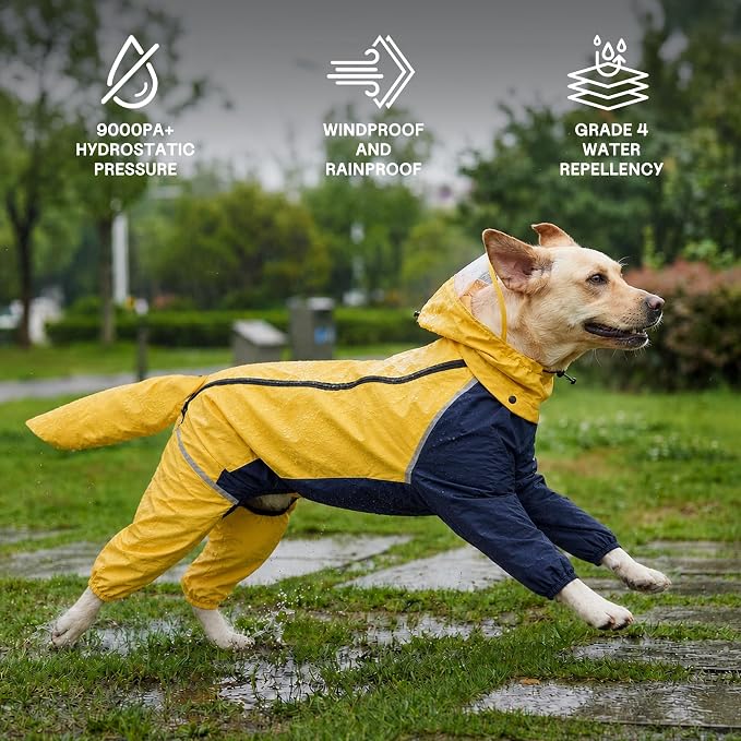 Full-Body Dog Raincoat with Detachable Hood, Waterproof Reflective Dog Rain Jacket with Tail Cover, Adjustable Fit and Leash Portal for Rainy Walks, Bright Yellow, X-Large