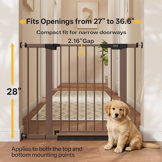 InnoTruth 27-36.6 in Wide Baby Gate for Stairs and Doorways, Brown | Indoor Metal Dog Gate for Pets, Auto Close 2 Way Swing Walk Through Door, Double Lock & Y-Bolts, Pressure or Hardware Mount