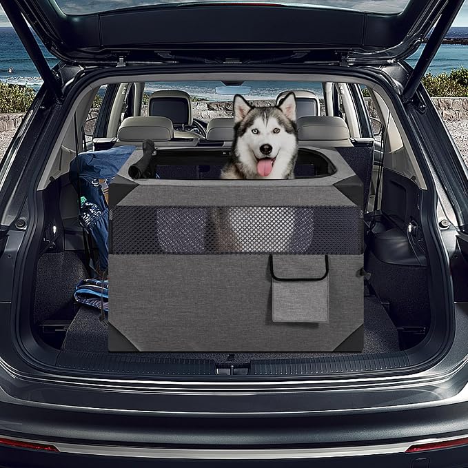 Zikopomi 30 Inch Portable Travel Dog Crate, 3 Door Collapsible Soft Pet Kennel with Durable Mesh Windows for Small and Medium Dogs, Foldable Dog Cage with Storage Pocket for Outdoor (Dark Grey)