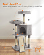 Feandrea Cat Tree, 45.3-Inch Cat Tower, Cat Scratching Post, Light Gray | 45.3-Inch Cat Tower, Plush Condo with Scratching Post, Ramp, Perch, Spacious Cave, Light Gray