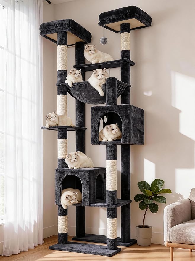 Hey-brother Cat Tree Tower with Multi-Level Duty Scratching Posts, 0MPJ039G | 80.7 Inches XL Cat Furniture with Large Platforms, Cozy Condos, Big Hammock, Toy Balls for Indoor Adult Cats, Smoky Gray