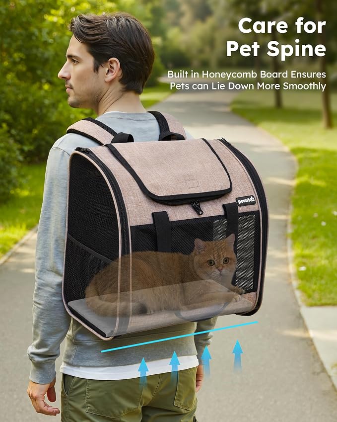 Pecute Cat Backpack with Widened Interior Space, Upgraded Dog Backpack Carrier with Various Ways to Carry, Pet Backpack with Breathable Mesh, Pet Travel Carrier with Soft Padded,Khaki | Breathable Mesh, Reinforced Support, Various Carry Ways, Ergonmic ...