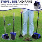 Pooper Scooper Large Swivel Bin & Rake with 160 Waste Bags,Heavy Duty Dog Pooper Scooper with Bag Attachment for Large Small Dogs, Long Handle Poop Scooper with Lid for Yard, Grass, Gravel (Blue)