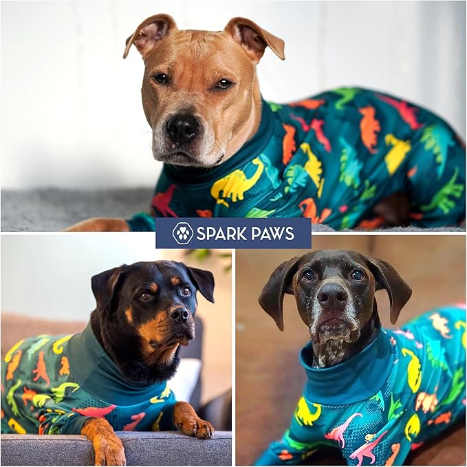 Spark Paws Dog Pajama, Dog Recovery Suit Male, Onesie, Ultra-Soft and 4-Way Stretch, for Small Medium and Large Breeds - Dinosaurs - S