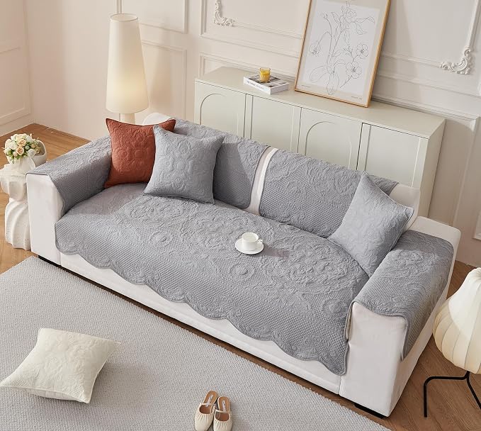 Luxury Vintage Cotton Embroidery Sofa Cover Soft Farmhouse Seat Cushion Cover Floral Quilted Sectional Couch Cover Anti-Slip Sofa Slipcovers Furniture Protector for Dogs Cats (Grey,36"x94")