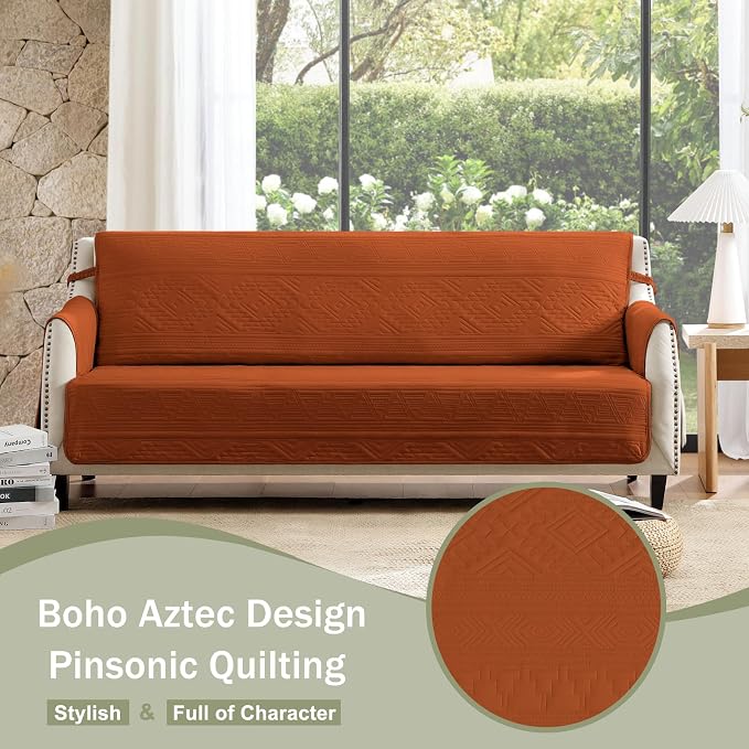 Boho Orange Loveseat Covers for 2 Cushion Couch, Water-Repellent Aztec Covers for Love Seat, Washable Quilted Couch Covers, Pet Friendly Loveseat Slipcovers (Loveseat 48", Burnt Orange)