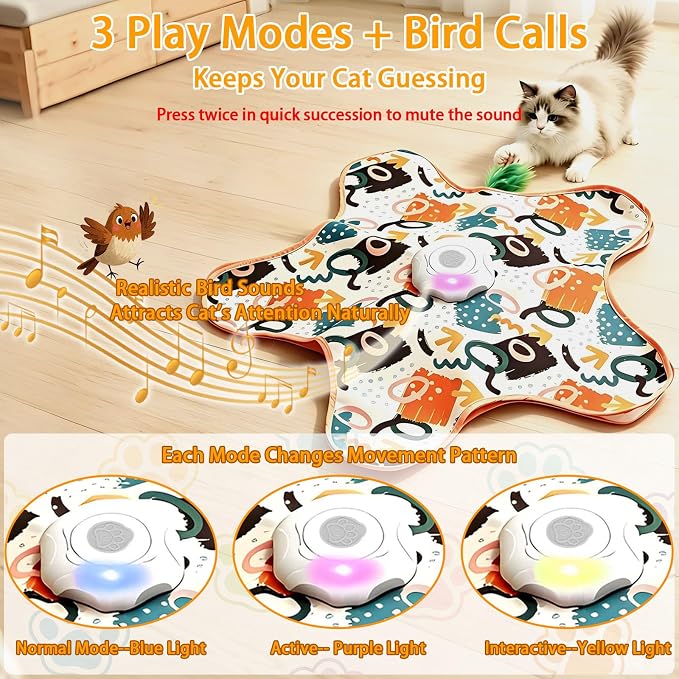 Interactive Cat Toy for Indoor Cats,Rechargeable Touch Activated Hide and Seek Cat Toys with Bird Squeaky, 2000 mAh Battery, Cats Feather Toy with 4 Cat Wands Colorful，for All Breeds