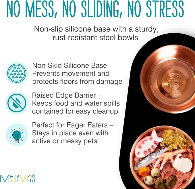 Messy Mutts Double Silicone Dog Feeder, Stainless Bowls, Medium, Copper | Non-Slip Silicone Double Dog Feeder With Two Removable Stainless Steel Bowls For Food And Water