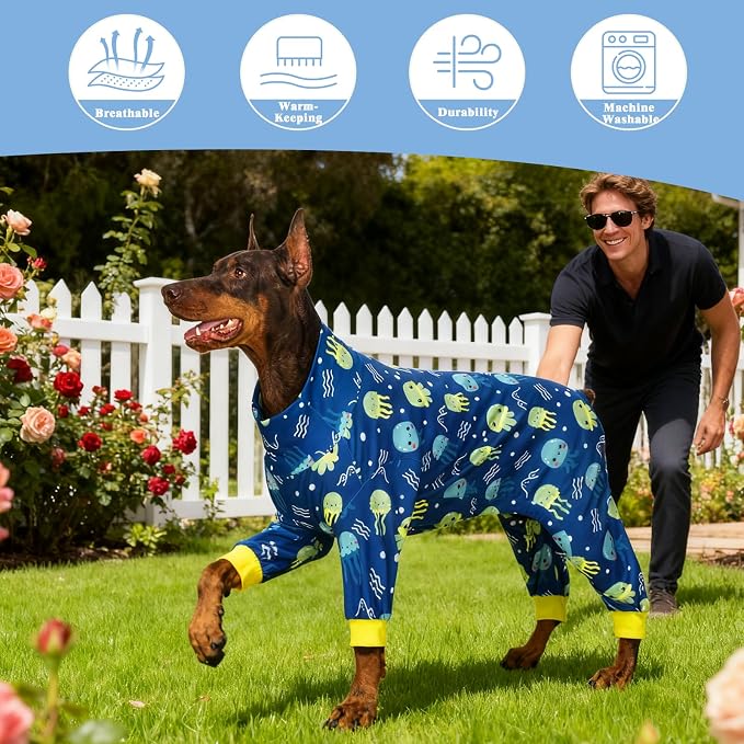 Large Dog Pajamas Pet Recovery Shirt Dog Pjs Cute Lightweight Stretchy Knit Pullover Large Dogs Pajamas Onesie for Small, Medium and Large Breeds (XX-Large (40-55lb), Blue Jellyfish)