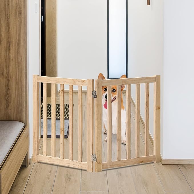 LZRS Wooden Free Standing Dog Gate 40" W x 24" H, Foldable Solid Hardwood Pet Safety Fence for House Doorways, Stairs, Hallways, Step-Over Pet Barrier, No Drill Easy Setup,Natural