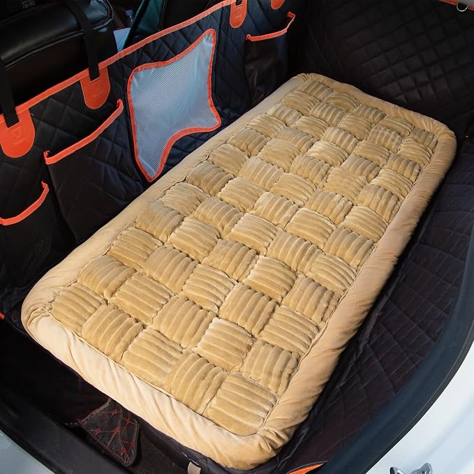 Soulbond Dog Bed for Car Back Seat Plush Backseat Pet Bed Mat, Light Brown | Non-Slip Travel Pet Mat, Fuzzy Plaid Dog Seat Cover, Fit for Backseat Extenders and Trucks SUVs