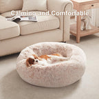 30 inches Faux Fur Fluffy Donut Dog Bed for Medium Dogs,Brown | Calming Plush Round Pet Bed with Removable & Washable Cover,Fits up to 45 lbs Pets