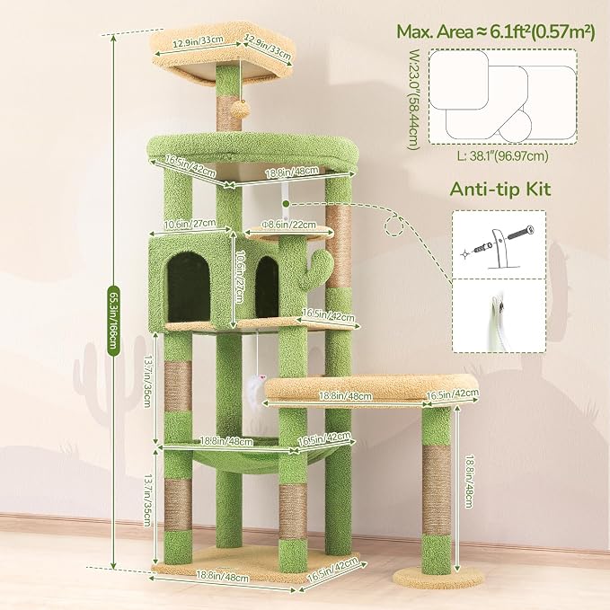 Globlazer Extra Large Platform Cactus Cat Tree, 65in Sturdy Cat Tree for Multiple Indoor Cats Large Adult, Big Cat Tower with 3 Padded Perches, 6 Scratching Posts, Spacious Condo, Hammock, S65, Green