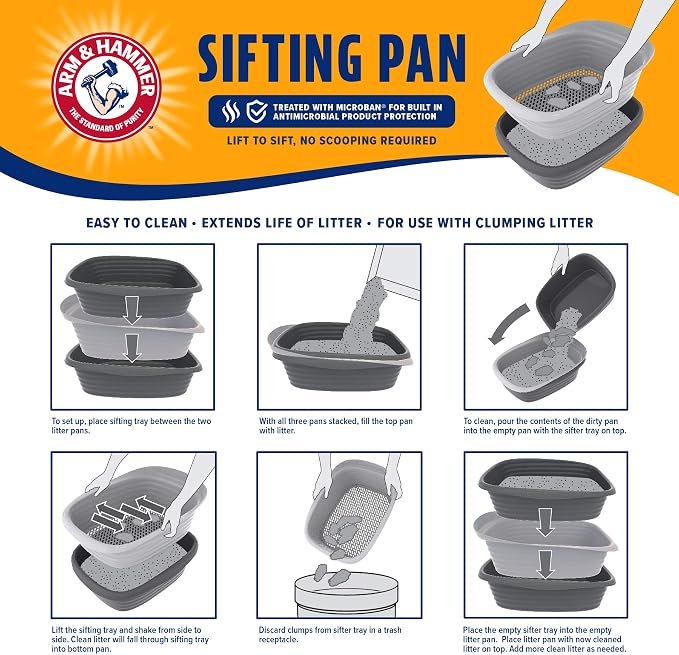 Arm & Hammer Large Sifting Litter Box Scoop Free Cat Litter Tray with Microban, Made in USA | Antimicrobial product protection, ideal for indoor felines, simple lift, shake and pour cleanup, helps keep odors in check