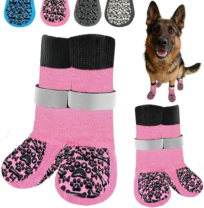 Dog Socks to Prevent Licking Paws, Anti Slip Dog Boots & Paw Protectors for Hardwood Floors, Toe Grips for Small Medium Large Senior Dogs, Dog Shoes for Hot/Cold Pavement(Pink Bone,XS)