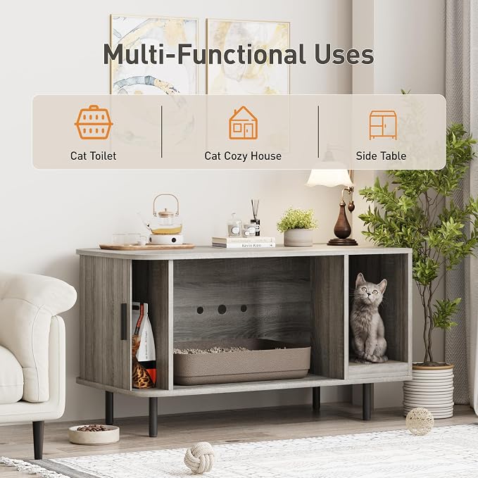 Halitaa 37.4" Cat Litter Box Enclosure with Scratch Pad, Sliding Door | Litter Box Enclosure Furniture Hidden Litter Box, Modern Indoor Cat House, TV Stand, Side End Table for Living Room, Grey