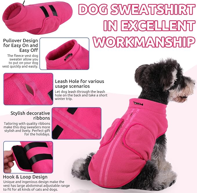 Queenmore Soft Fleece Dog Jacket, Warm Winter Dog Clothes with Leash Hole, Dachshund Sweaters for Small Dogs Cats Boy or Girl (Pink, S)
