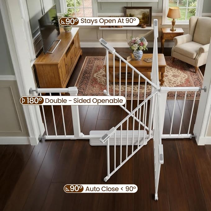 Mumeasy 36" Extra Tall Baby Gate for Stairs, 29.7-48" Wide Dog Gate for Doorways, Walk Thru Pet Safety Gate for Indoor, Pressure Mounted with Auto Close, Easy Install No Drill for Toddlers, White