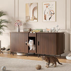 Double Litter Box Enclosure for 2 Cats, 55" Litter Box Furniture Hidden with Cat Scratch Pad, Large Indoor Cat House with Double Room, Wooden Litter Box Cabinet, TV Stand, Walnut