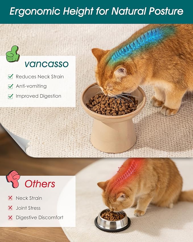 vancasso Elevated Cat Food Bowls 2-Pack, 6.2" Wide Shallow Cat Feeding Bowl for Whisker Fatigue, 5.1" Height Ceramic Raised Food Bowls for Senior Cats, Anti Vomit, Brown