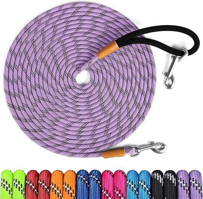 lynxking Long Dog Leash Reflective 15ft 30ft 50ft Check Cord Training Lead Padded Handle Heavy Duty Rope for Puppy Small Medium Large Dogs (Light Purple, 50ft x 3/8inch)