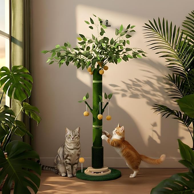 46" Extra Tall Cat Scratching Post for Large Cats, Sisal Rope | Heavy duty vertical sisal scratcher & stable climbing pole with hanging ball, tall post for adult cats full body stretch