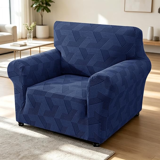ZNSAYOTX Stretch Armchair Covers for, 1-Piece Chair Slipcovers for Living Room, Furniture Protector with Elastic Bottom for Dogs Cats Kids Geometrical Jacquard Fabric (Small, Navy Blue)