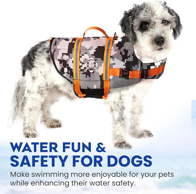 Dog Life Jacket — Premium Swim Vest with SafeChin Anti-Choke Collar | PAWS Aboard Grey Camo | RapidLift Rescue Handle, D-Ring, Reflective Trim | Boating, Kayaking, Pool | Small (15–25 lbs)