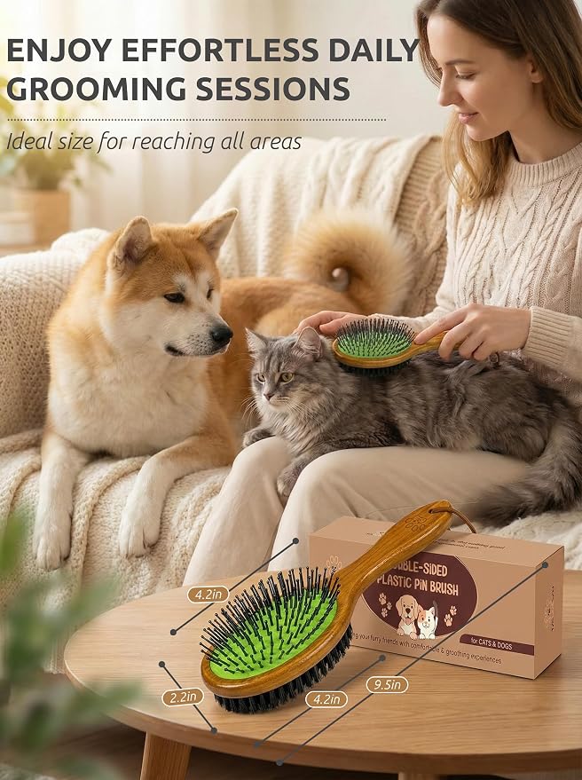 TAKAVU Pin & Bristle Pet Brush for Dogs & Cats, Double-Sided | Grooming Tool Detangles, Removes Loose Hair & Conditions Coat, Soft on Sensitive Skin, Natural Wood Handle Groomer