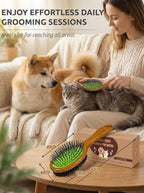 TAKAVU Pin & Bristle Pet Brush for Dogs & Cats, Double-Sided | Grooming Tool Detangles, Removes Loose Hair & Conditions Coat, Soft on Sensitive Skin, Natural Wood Handle Groomer