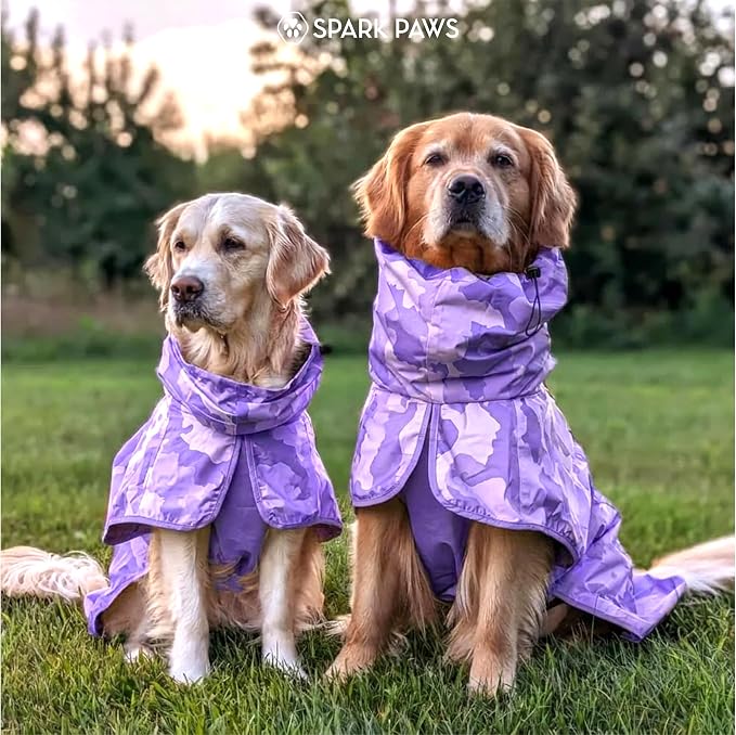 Spark Paws Dog Raincoat, Waterproof Windproof Rain Jacket, for Small Medium Large Extra Large Dogs, Reflective Breathable Full-Body Coverage Dry Suit - Camo Purple - L