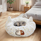 Cat Tunnel Christmas Tree Skirt, Cat Tunnel Bed with Hanging Toy Ball, Foldable Plush Cats Cave Donut Tunnel Christmas Decorations, Kitty Tunnel for Indoor Kitten Rabbit Puppy, White Gilded