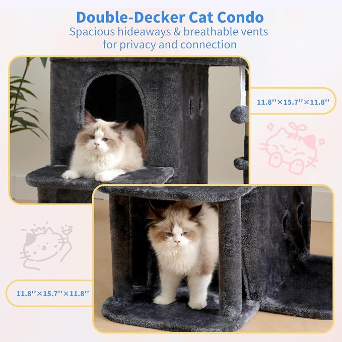 Heybly 26.3" Cat Tree for Large Cats with Big Perch & Dual Condos HCT204SG | 26.3-inch Spacious Cat Tower with Scratching Posts, Stair-Style Cat House Furniture with Cozy Basket & Pompom, Smoky Gray