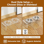 Feoyoho Elevated Acrylic Pet Bowl Stand – Raised Cat & Dog Bowls with 2 Glass & 2 Stainless Steel Bowls, Modern Clear Design, Non-Slip, Easy to Clean, Perfect for Small Pets, 3.75" Tall